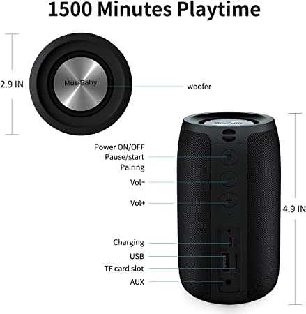Altavoz Bluetooth, altavoces MusiBaby, al aire libre, portátil, impermeable, altavoz inalámbrico, doble emparejamiento, Bluetooth 5.0, estéreo fuerte, graves en auge, 1500 minutos de reproducción para el hogar, fiesta (negro, M68) - Imagen 3