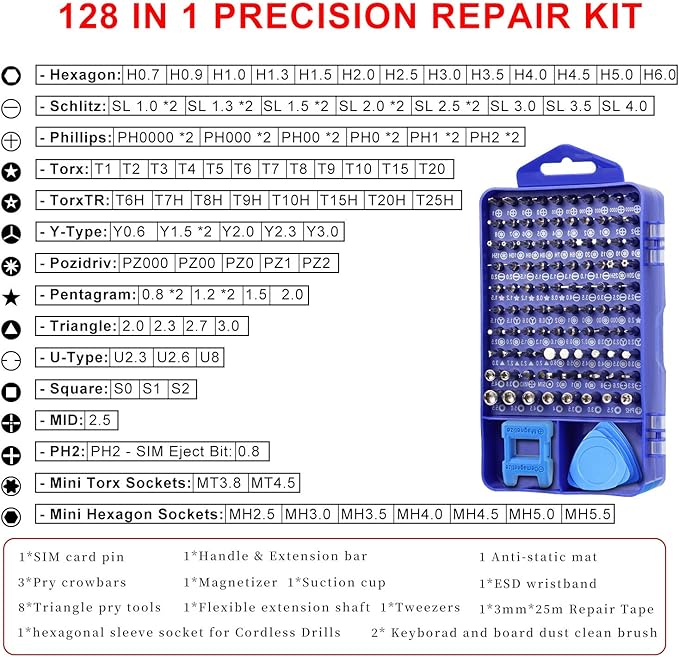 Juego de destornilladores de precisión, kit de reparación de computadora, herramientas de reparación 128 en 1 con alfombrilla antiestática, correa de muñeca ESD, kit de destornillador magnético para - Imagen 5